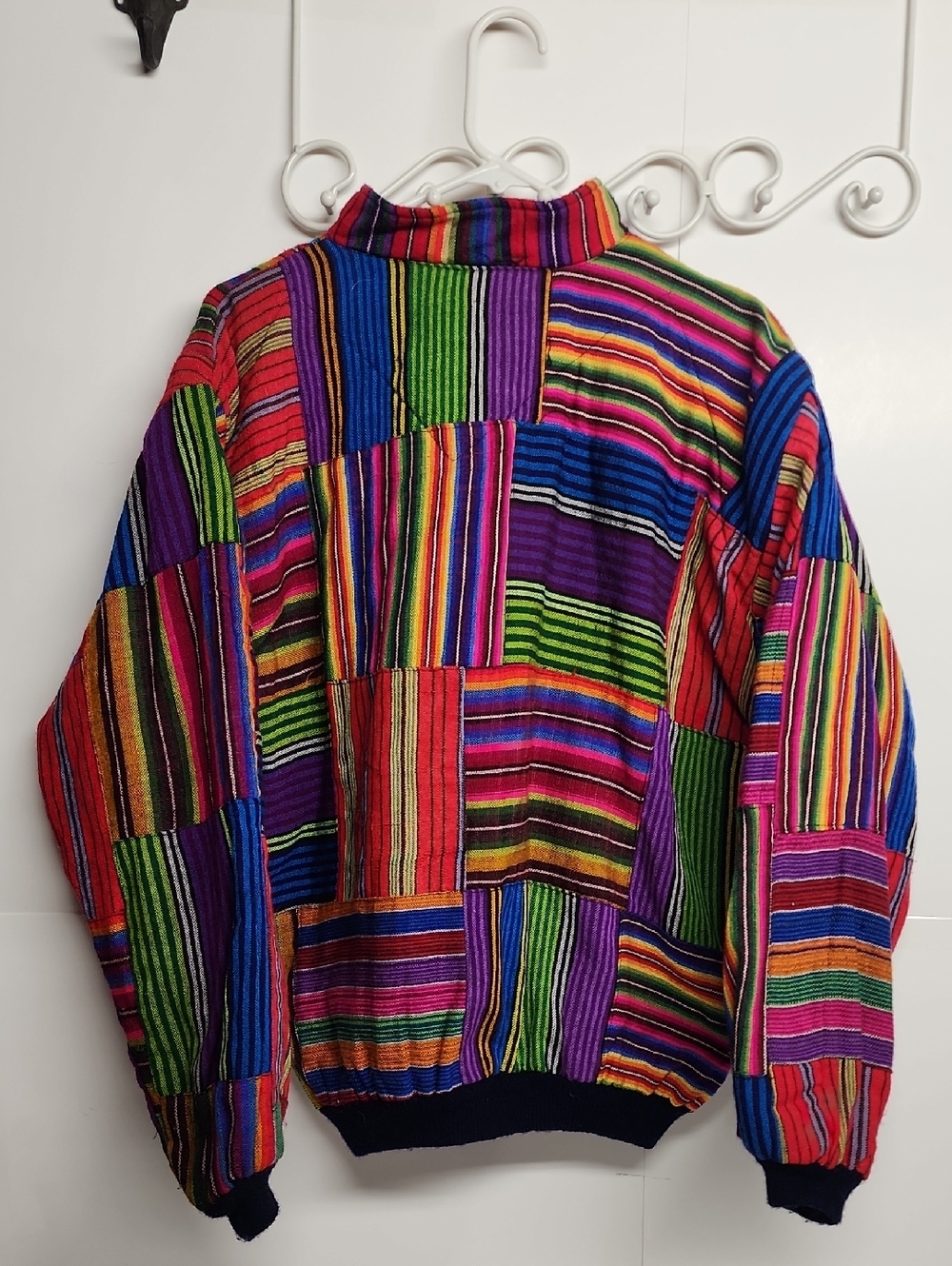 Made In Guatamala Colorful Striped Patchwork Artisan Bomber Jacket- Bright Multi - Picture 5 of 8